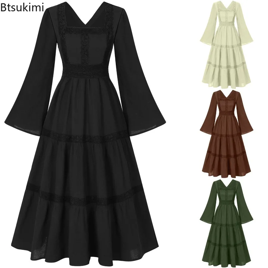 

New Women's Vintage Medieval Dress Lace Trim Victorian Style Square Neck Long Sleeve Lolita Costume Renaissance Solid Vestido