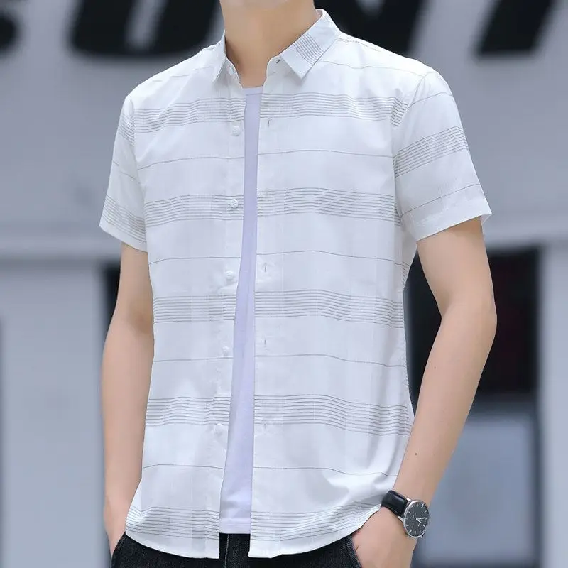 

Mens Striped Print Short Sleeve Slim Fit Casual Shirt