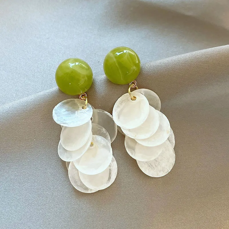 Premium Clip on Earrings Avocado Green Shell Tassel Round Forest Slimming Elegant Soft Lightweight Versatile No Piercing Needed
