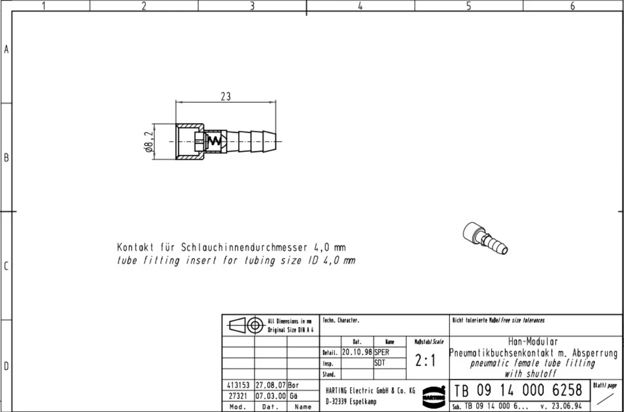 Harting-neumático hembra con válvula de retención, 09140006258 MM, 4,0