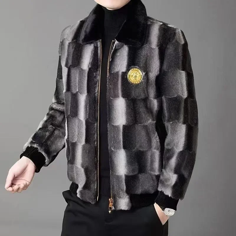 Winter Men Slim Fit Mink Coat Fashion Polo Collar Large Size Thickened Imitation Fur Outcoat Fur Integrated Casual Short Outwear