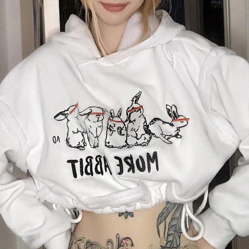Women 2023 Cropped Hooded Hoodies Lovely Rabbits Print Embroidery Thick Fleece Waist Drawstring Sweatshirt Harajuku Pullovers