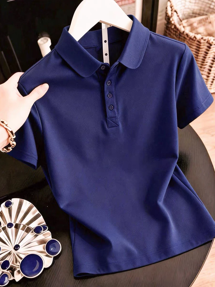 Loose Fit Women's  Neck Short Sleeve T-Shirt Brand Button Casual Pure Color Versatile Slimming Top Korean Style Summer Shirt