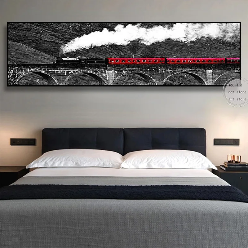 Retro Romantic Red Train Running on Railway with Long White Smoke Art Poster Canvas Painting Wall Prints Picture Room Home Decor