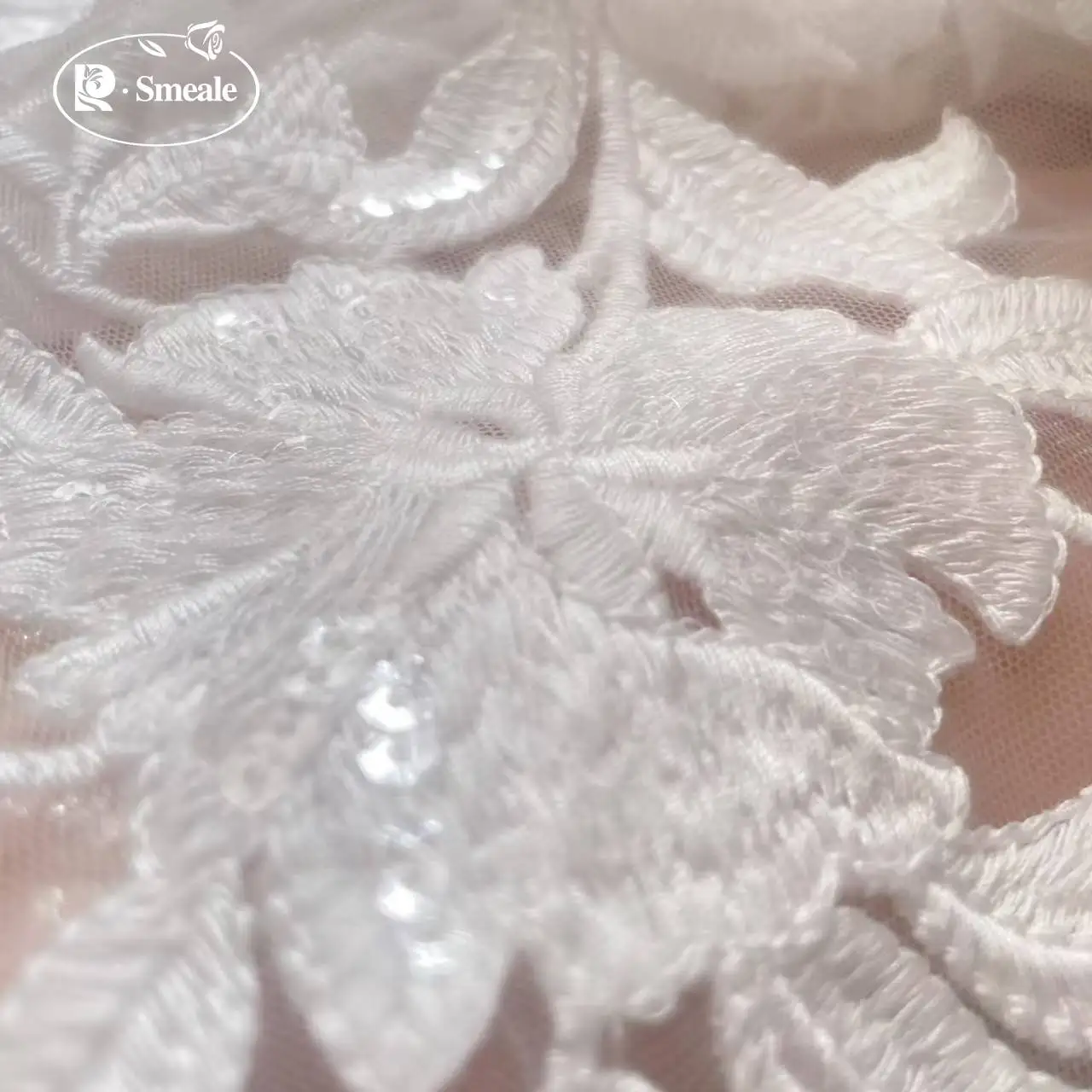 White Cotton Large Flower Embroidery Sequin Lace Mesh Fabric, Handmade DIY Fabric for Wedding Veil Sewing Supplies RS24328