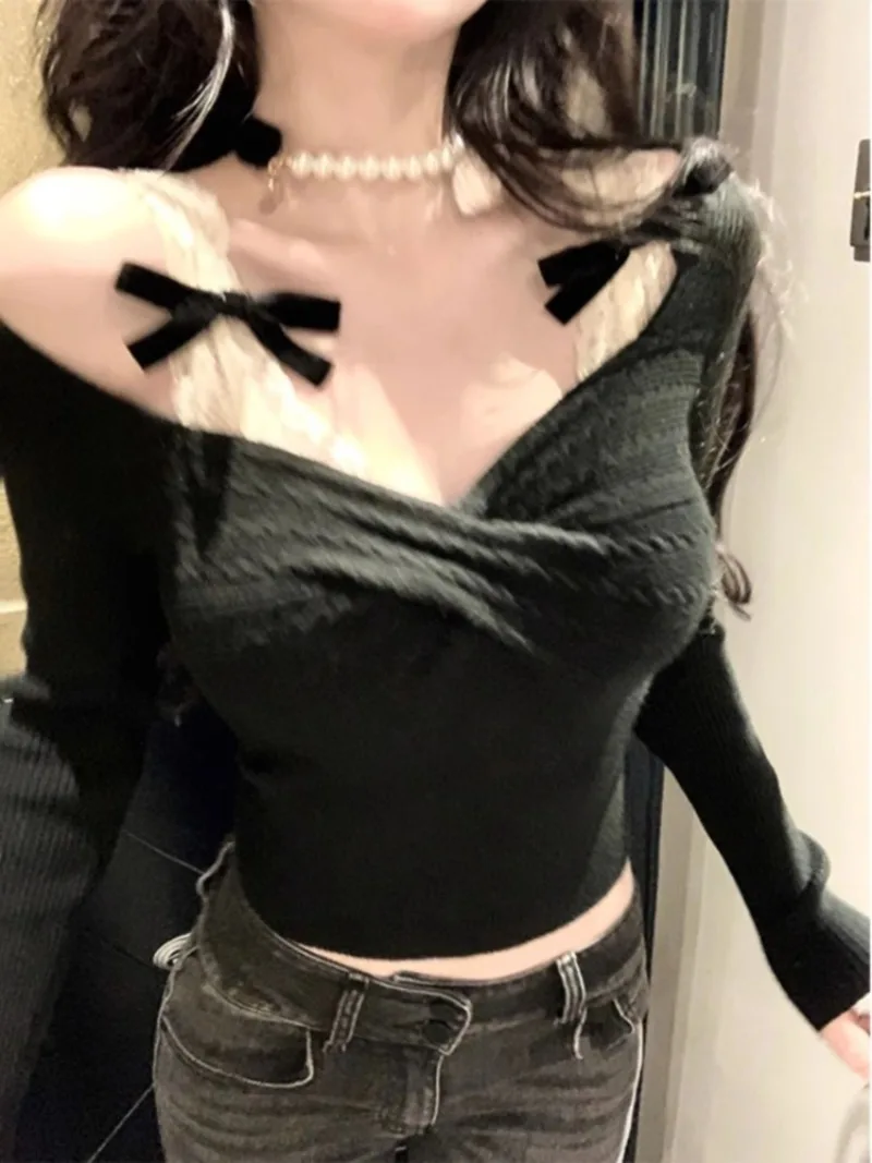 Autumn Winter New Bow Lace Camisole Tops Mujer Slim Waist Knitted T-shirt for Women Y2k Long Sleeve All-match Pullover