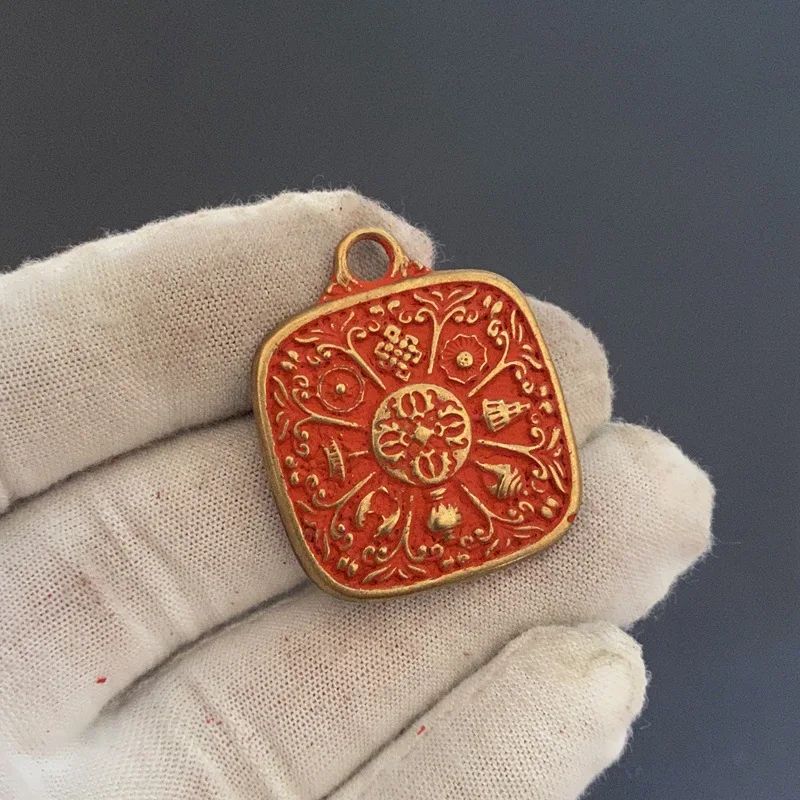 Brass Cinnabar Copper Plate Eight Treasures Nine Palaces Plate Dragon Pattern Tai Chi Bagua Zodiac Plate Square Copper Pendant H