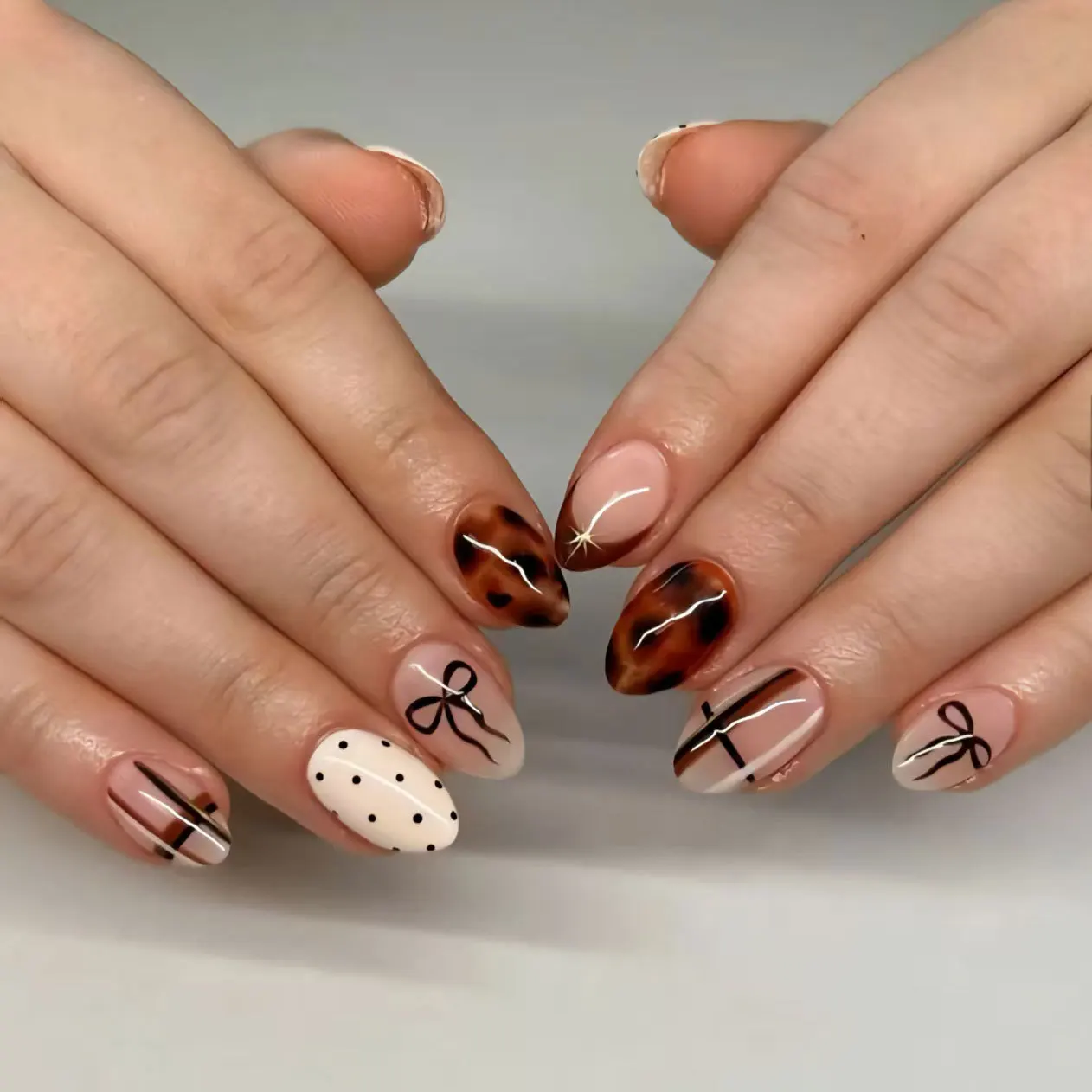 

24PCS Autumn Brown French Oval False Nails Sweet Bowknot Polka Dots Patterns Oval Fake Nails for Women Almond Press on Nails Tip