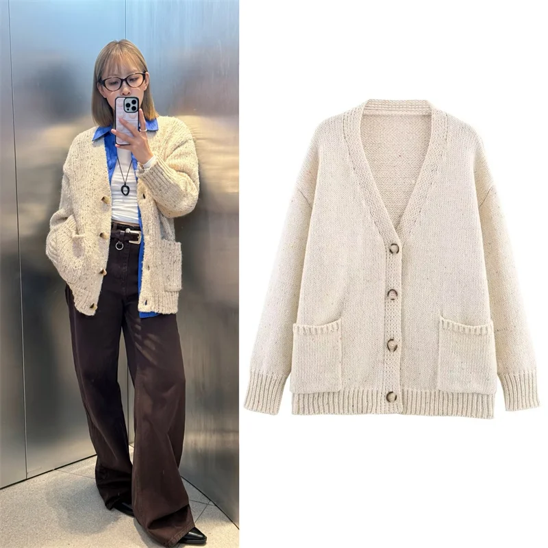 

Женское пальто, осень 2024, новый стиль, цвет слоновой кости, белое, с длинным рукавом, v-образным вырезом, свободный вязаный кардиган, пальто, повседневное модное ленивое пальто