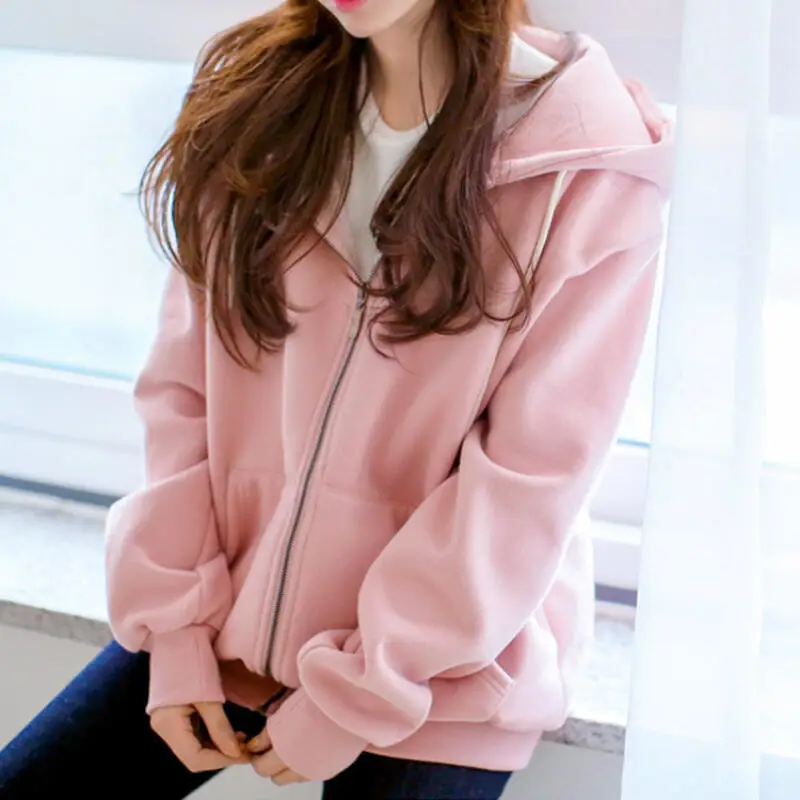

Hooded Sweatshirt Women's Zipper Cardigan Spring and Autumn Casual Sports Top Loose Hoodie Harajuku Style Solid Color Hoodie