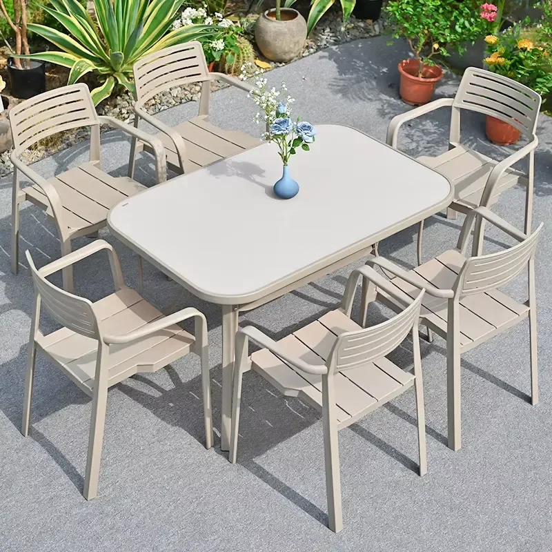 for Modern Durable Wooden Outdoor Dining Table with Aluminum Frame Waterproof  Protection for Beach Patios Balconies