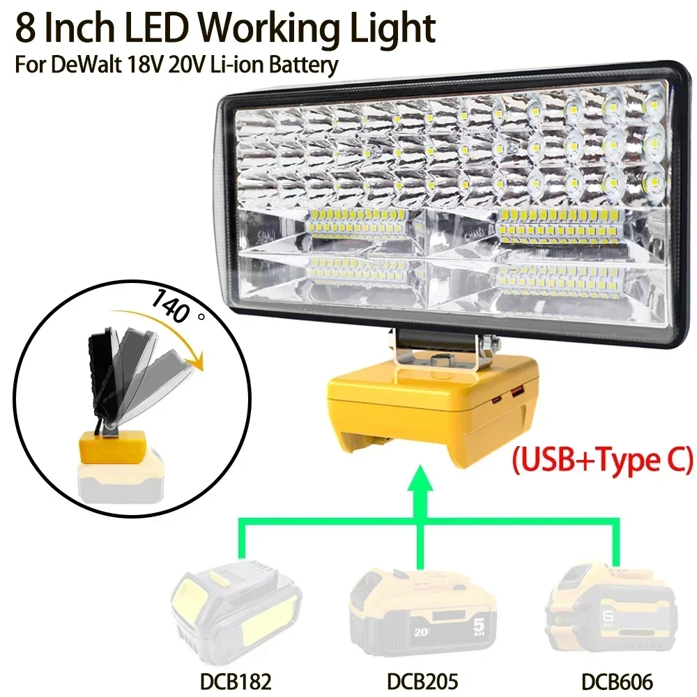 8 Inch Car LED Working Light Flashlight Electric Torch Spotlights For Dewalt DCB206 18V 20V Li-ion Battery Type C USB Power Bank