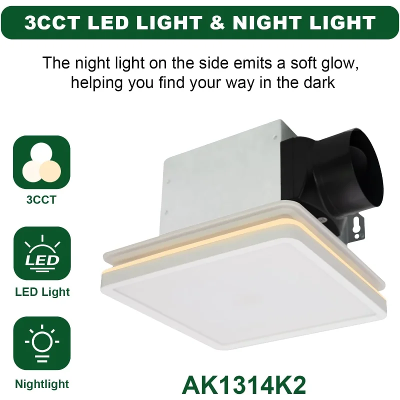 مروحة عادم الحمام Akicon مع ضوء، مروحة عادم 80CFM 2.0 لسقف الحمام، أضواء دش LED 3CCT قابلة للتعتيم بقدرة 15 وات