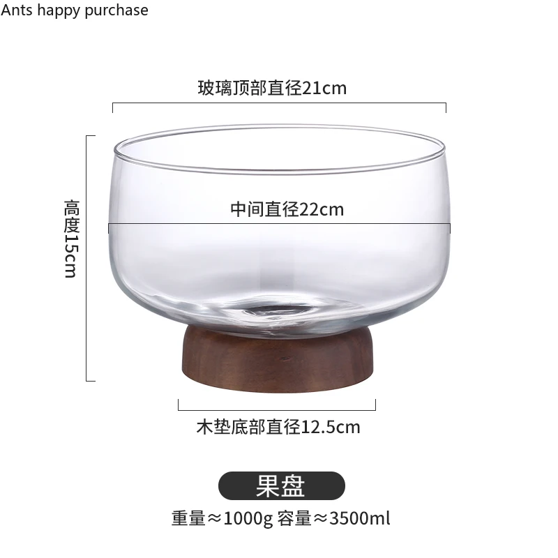 Clear Glass Plate Wooden Bottom Tall Feet Round Fruit Salad Bowl Dessert Candy Snacks Tray Dried Plates Dish