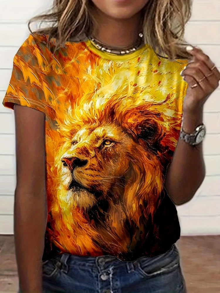 

3D Tiger Print Loose Women's T-shirt Summer Casual Women's Fashion T-shirt Outdoor Street Women's Short-sleeved Top PLUS-size