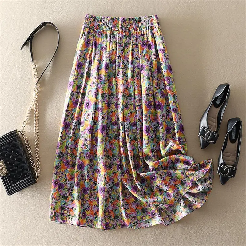 تنورة حلوة مطلية بالزهور مع طيات عالية الخصر حريرية كاملة سوينغ المرأة توصية الحب الذاتي تخفيف Sle الصيف... #4