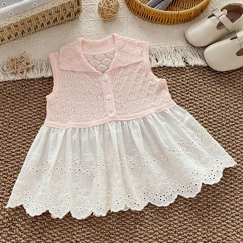 2026 New Summer Kids Thin Knitted Hollow Tops Sleeveless Splicing Baby Girls Thin Knitted Sweaters Knitted Hollow Out Vest