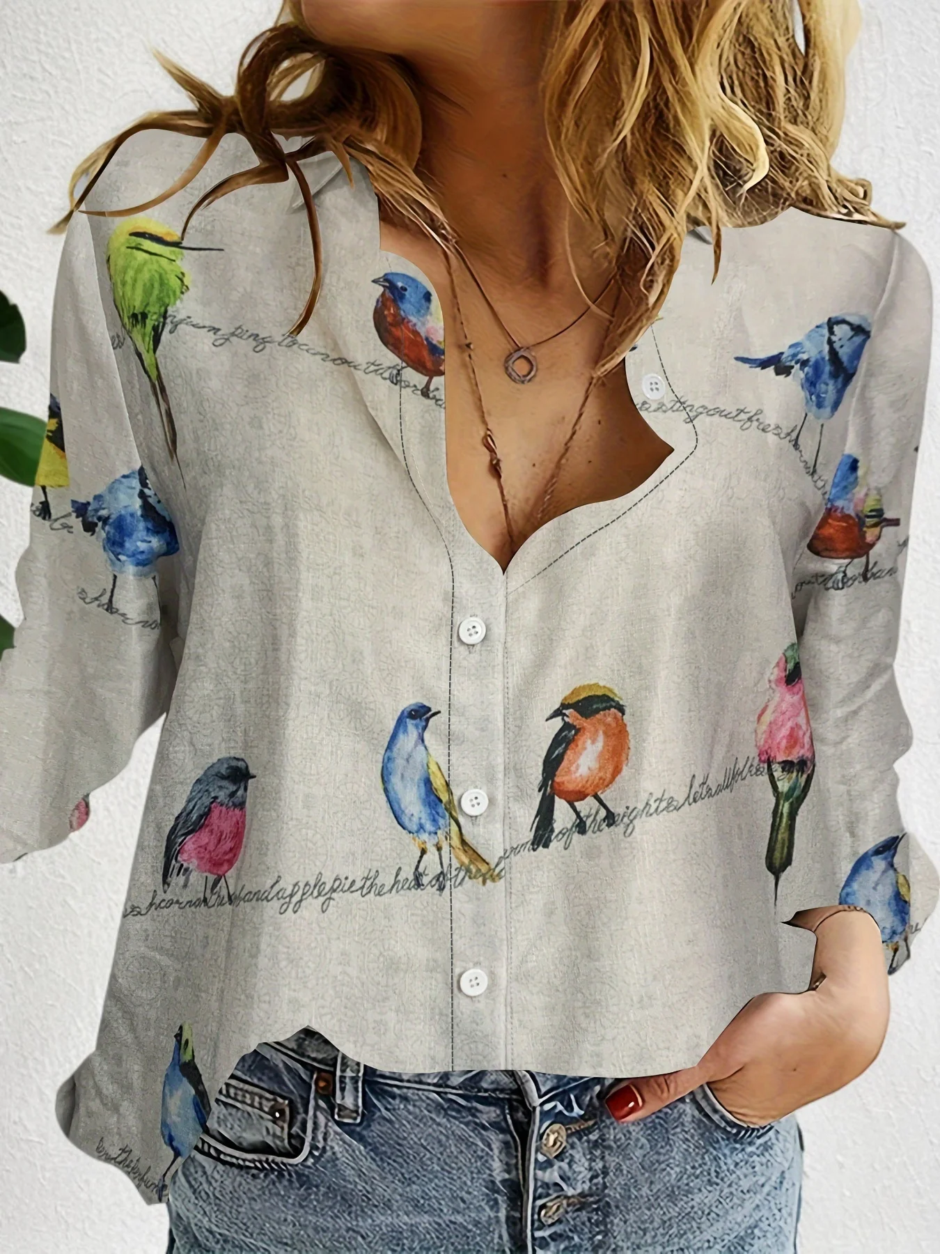 2024 Women\'s New Shirt Cartoon Bird 3D Pattern Fashionable Collar Women\'s Long Sleeve Shirt Daily Street Casual Women\'s Top