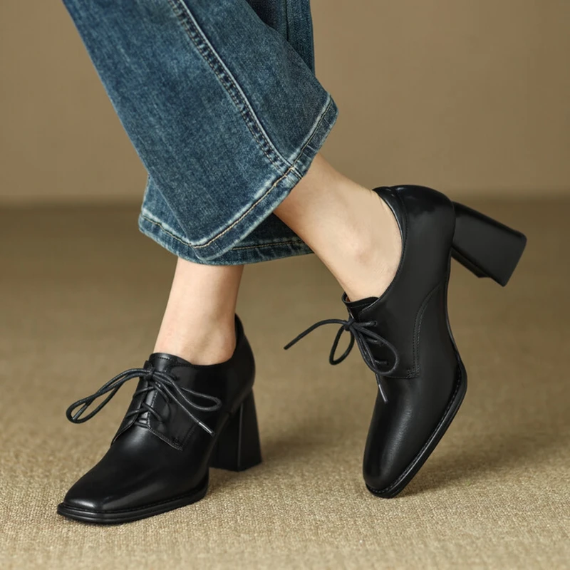 NEW Spring/Autumn Women Loafers Square Toe High heels Split Leather Chunky Heel Pumps Women Plus Size Retro Lace Up Black Shoes