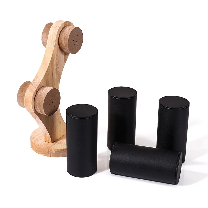 2-Tier Curved Wood Bracelet Holder Velvet & PU Leather Bangle Watch Display Stand Jewelry Store Counter Display Photography Prop view 4
