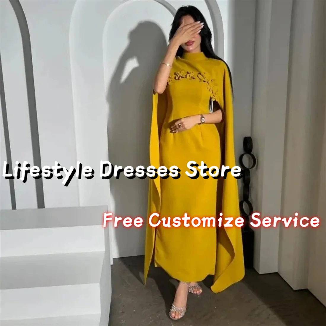 

Vintage Sleeveless Floral Prom Dresses High Neck Shawl Ankle Length Back Zipper Arabia Evening Dresses Crepe Party Dresses