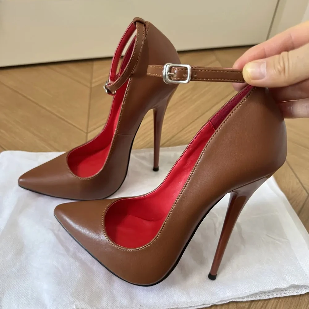 Handmade Chic 14cm/16cm Ultra High Heels Woman Brown Matte Ankle Strap Pointed Toe Stiletto Pumps Man Cosplay Party Dress Shoes
