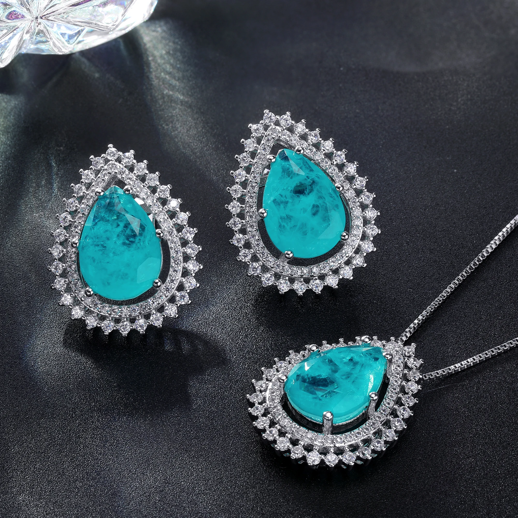 

Water Drop Shape Tourmaline Blue Fusion Jewelry earrings and necklace Set