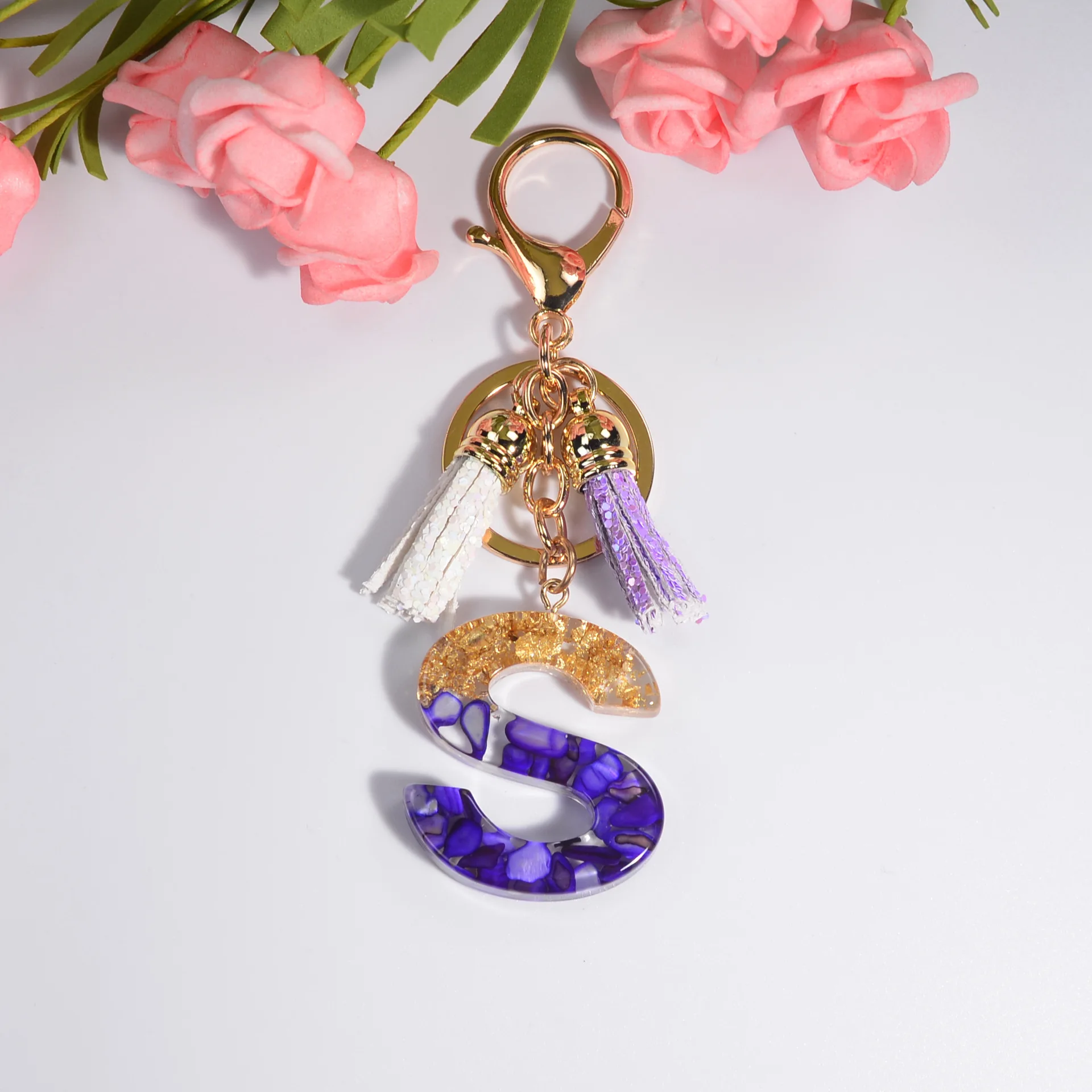 Purple Crystal Drop Glue Letter Keychain Resin Jewelry Pendant Bag Tassel Pendant Gift