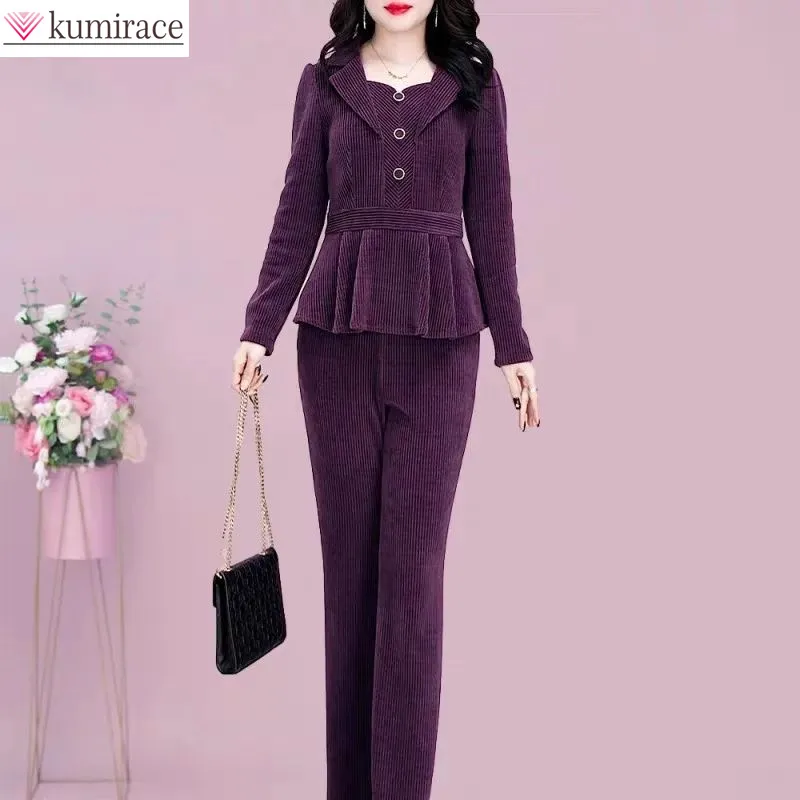 Spring and Autumn New Korean Edition High End Long Sleeved Charm Celebrity Waist Collection Suit Collar Pants Two Piece Set