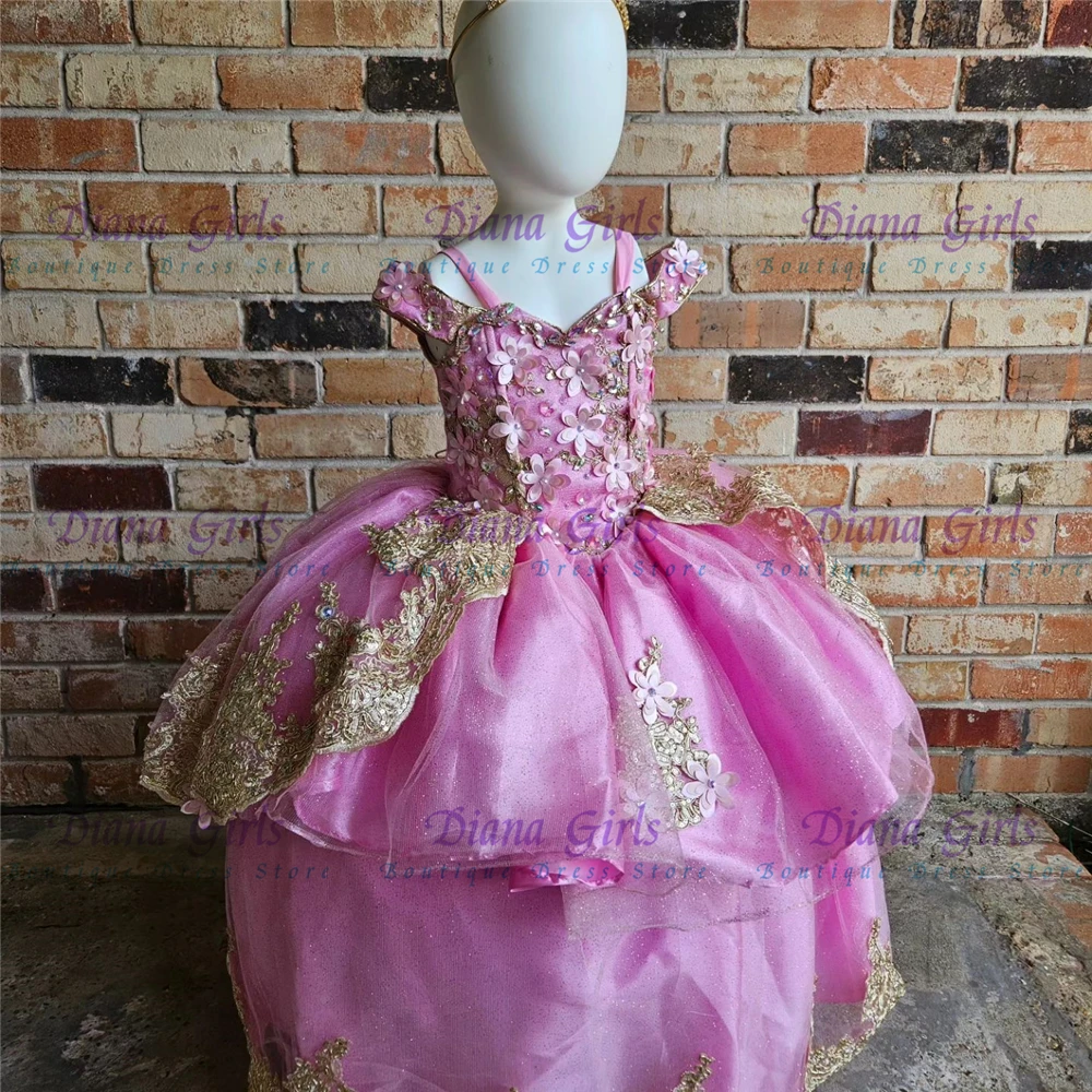 

Quality Lovely Pink Flower Girl Dress Tulle Fluffy WIth Applique Little Princess Wedding Bridesmaid Birthday Ball Party Gowns
