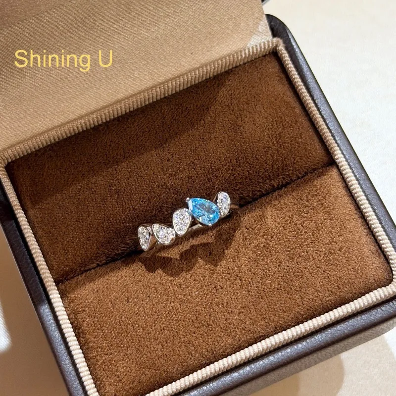 Shining U 925 Sterling Silver Aquamarine Pear Ring for Women Fine Jewelry Summer