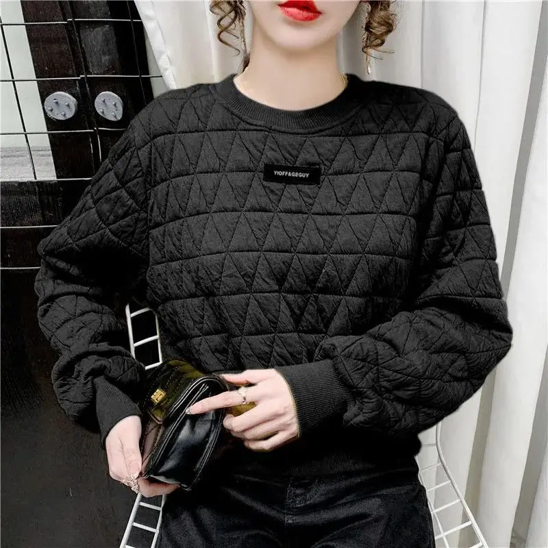 Simplicity Fashion Autumn New Women\'s Solid O-Neck Diamond Grid Labeling Korean Casual Long Sleeve Pullovers Sweatshirts Tops