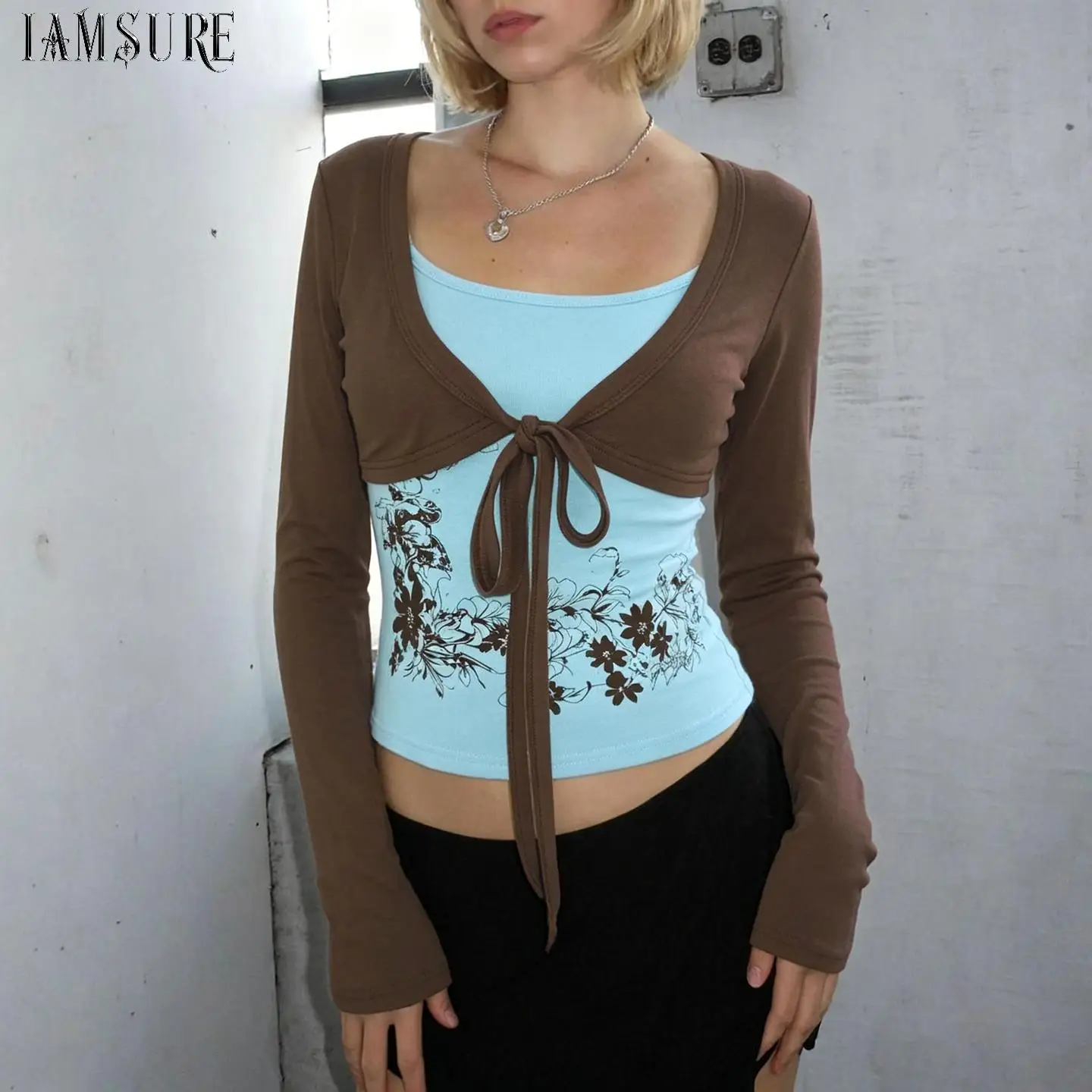 Women Tie Front Long Sleeve T-shirts Two Piece Design Crop Y2K Aesthetics Coquette Open Front Short Knit Cover Up Casual Clothes