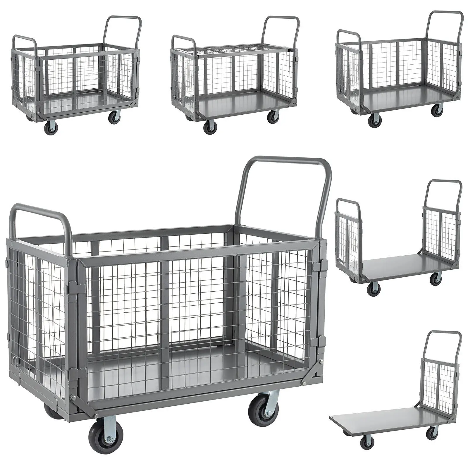 Platform Truck Cart with Cage, Foldable Hand Cart, Flatbed Cart, Tool Trolley with Swivel Casters, 5in 1, 2000Lbs