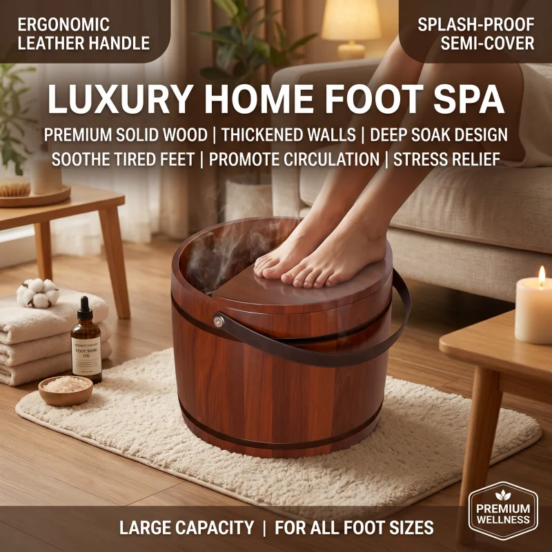 30x31cm Wooden Hand-held Foot Soaking Wooden Barrel Long-lasting Insulation Thickened Home Use Foot Wash Basin with Handle & Lid