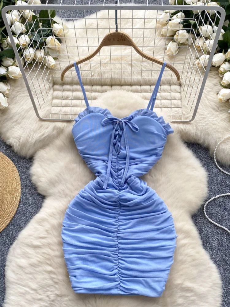 Foamlina Sexy Solid Spaghetti Strap Mesh Bodycon Dress Women Summer Chic V Neck Sleeveless Backless Slim Ruched Night Club Dress