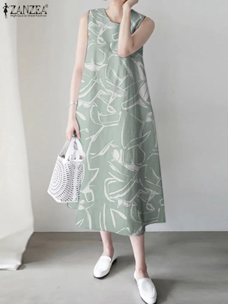 Vintage Round Neck Pocket Robe ZANZEA Casual Women Beach Dress Fashion Sleeveless Midi Robe 2024 Summer Holiday Printing Dresses