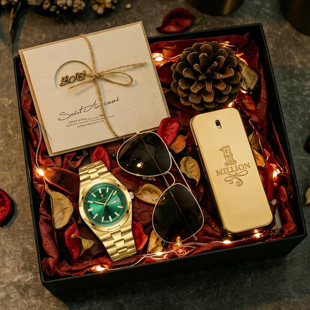 4pcs Men's Gold  Green Gold-toned Metal Luxury Date Day Display Sunglasses Perfume Quartz Watch Gift Box Set Daily Wear Birthday