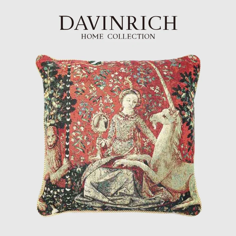 DAVINRICH Italian Renaissance Throw Pillow Covers The Lady And Unicorn Double Sided Jacquard Cushion Case For Living Room Couch