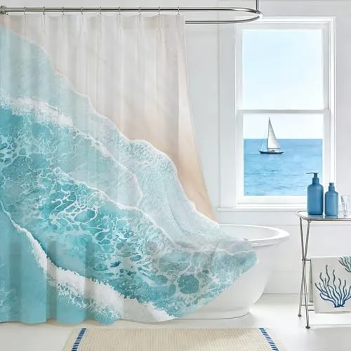 Waterproof Beach Ocean Wave Shower Curtain Seascape Tropical Polyester Bathroom Decor Liner Coastal Summer Style Home Accessory