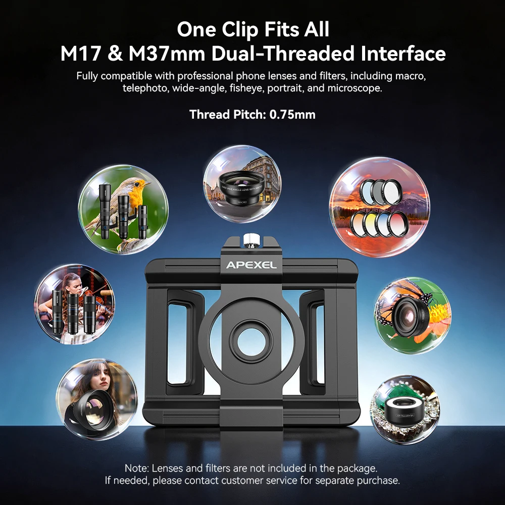 APEXEL 17&37mm Double-thread Universal Stretch Clamp, Compatible With Mobile Phone Macro, Telephoto, Wide-angle, Fisheye, Portra