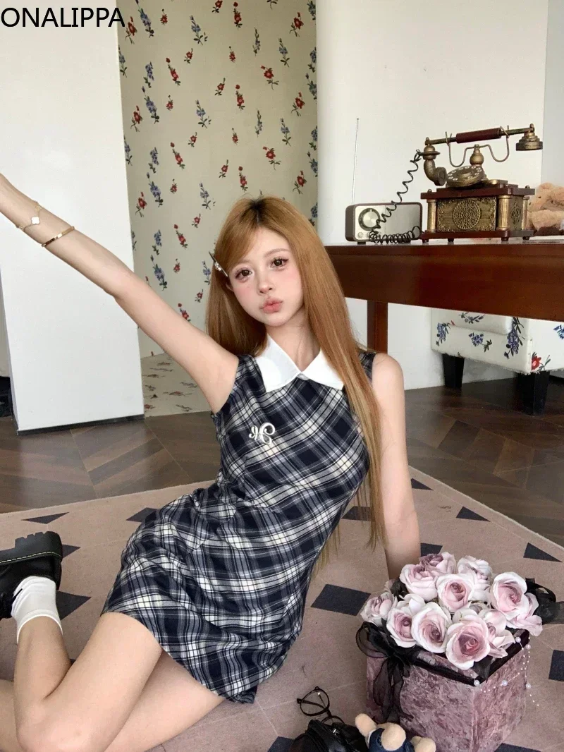 Onalippa Vintage Plaid Mini Dress Women Waist Belt Polo Collar Sleeveless A Line Dresses High Street Contrast Vestidos image 4