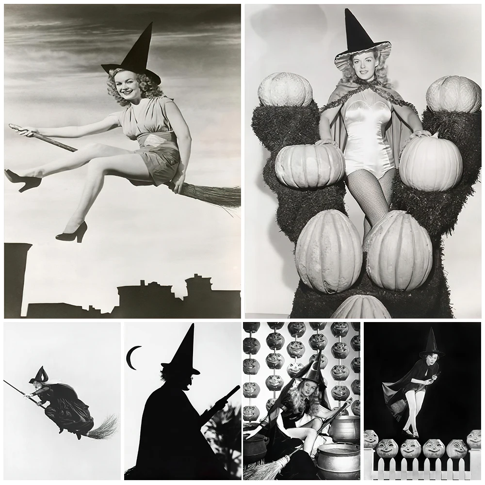 Woman On Broomstick Witchcraft Art Poster And Prints,The Witch Of Salem Town Wall Art Canvas Painting Wicca Home Decoration