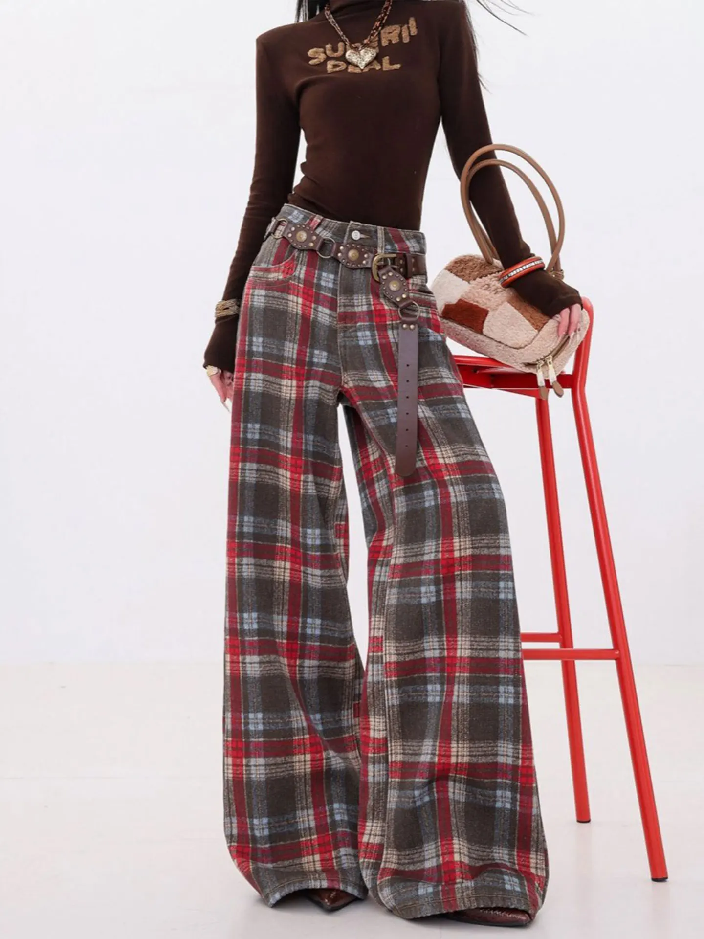 

High Waist Pleated Plaid Wide Leg Jeans Women Summer Small Size Straight Cut Long Pants Street Style Red And Blue Denim Skinnies