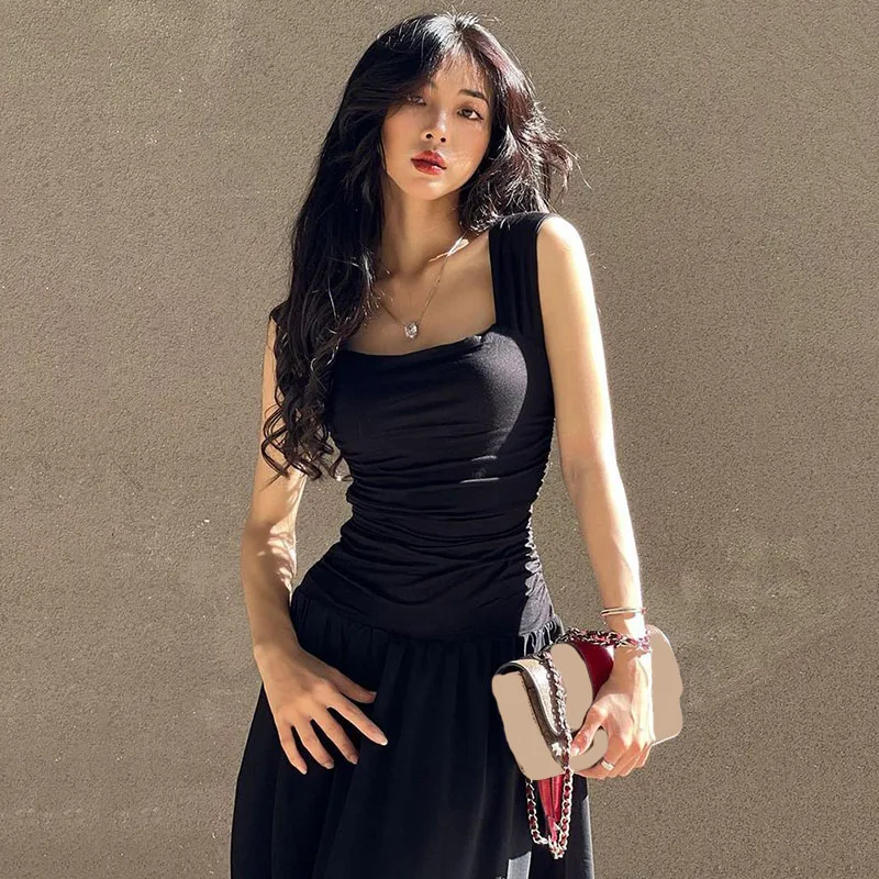 Black Wide Strap Maxi Dress for Women Summer Elegant Temperament High-Waist Party Long Dresses Sexy Ruched Bodycon Midi Dress - Image 6