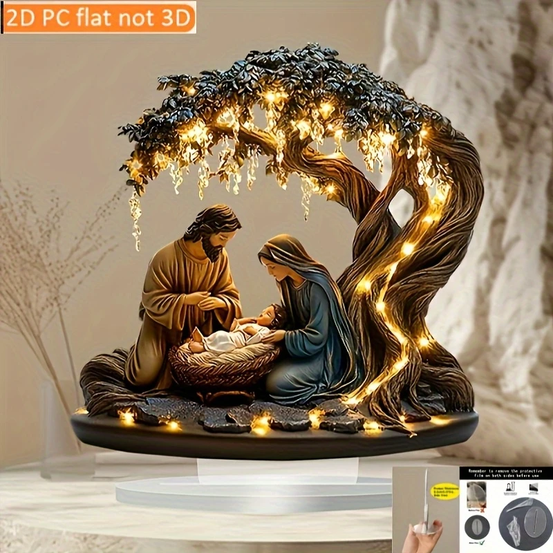 Retro 2D Acrylic Nativity Scene Dream Tree with Virgin Mary And Priest Christian Desktop Decoration Gift for Home Decor