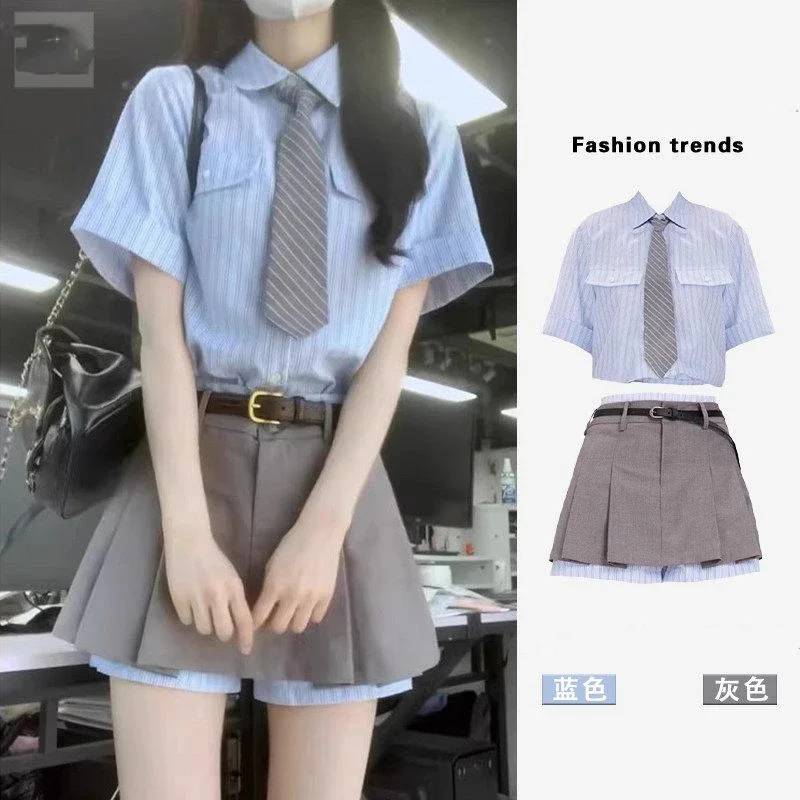 

Women's Summer Preppy Style Uniform Set Lady Blue Stripe Shirt with Tie Pleated Patchwork Skirts Two Piece Suits 2026 New Outfit