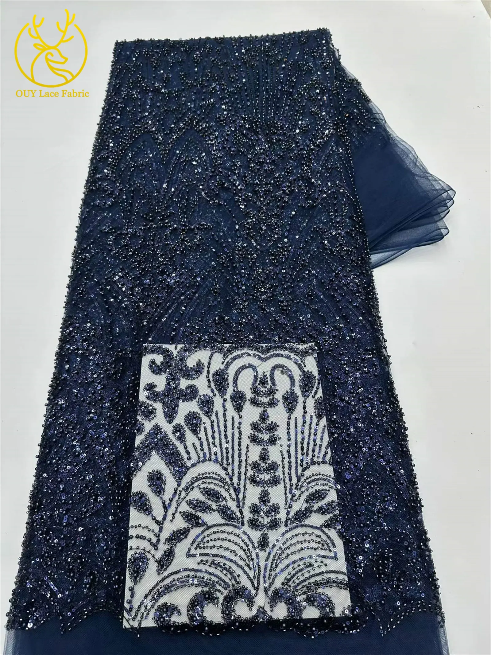 Goldener Luxus-Spitzenstoff mit Perlen und Pailletten, 5 Yards, afrikanischer Spitzenstoff, hochwertiger nigerianischer Netzspitzenstoff für Partykleider und Näharbeiten – Detail 26