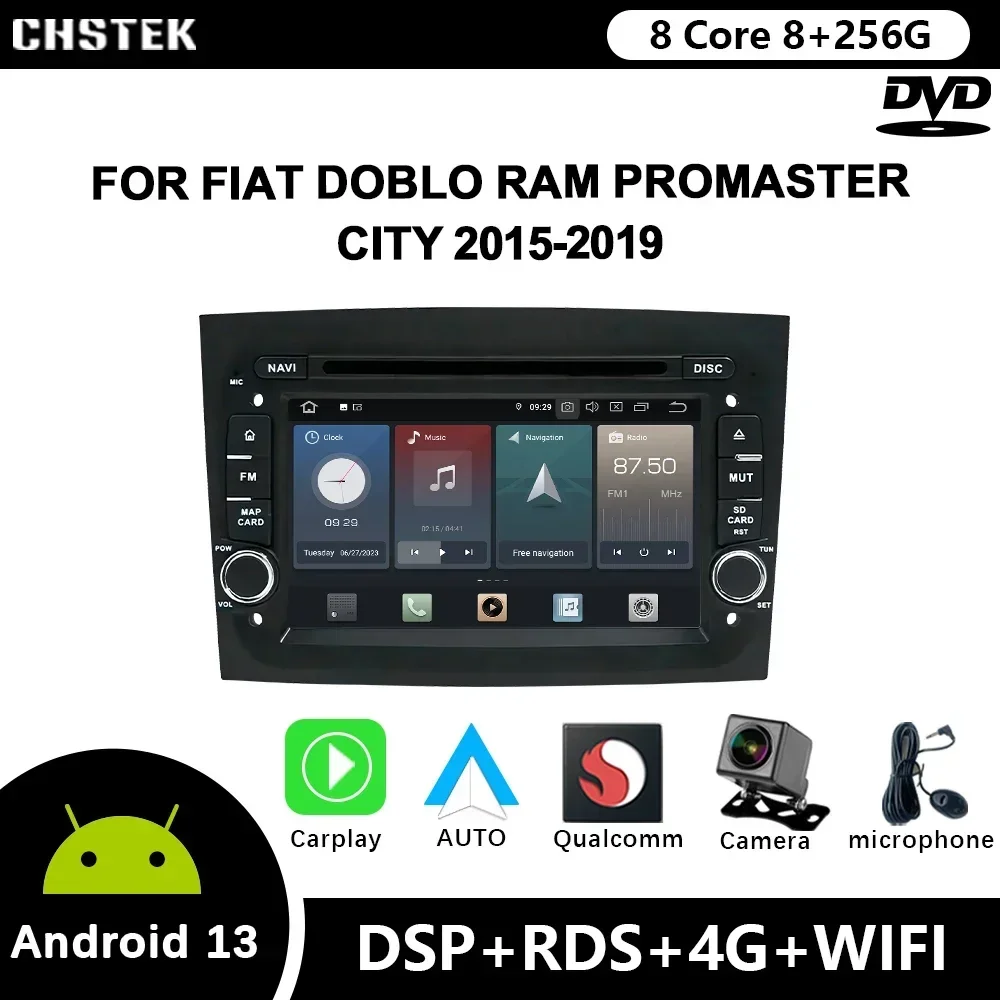 CHSTEK Car Radio Android 12 For Fiat Doblo Ram ProMaster City 2015-2019 DVD Qualcomm Bluetooth CarPlay WIFI 4G GPS DSP Autoradio