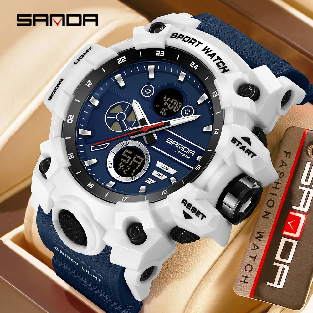 SANDA 9094 New Classic Men's Military Watch Double Time Glow Waterproof TPU Band Chronograph Day Sports Wristwatch Male